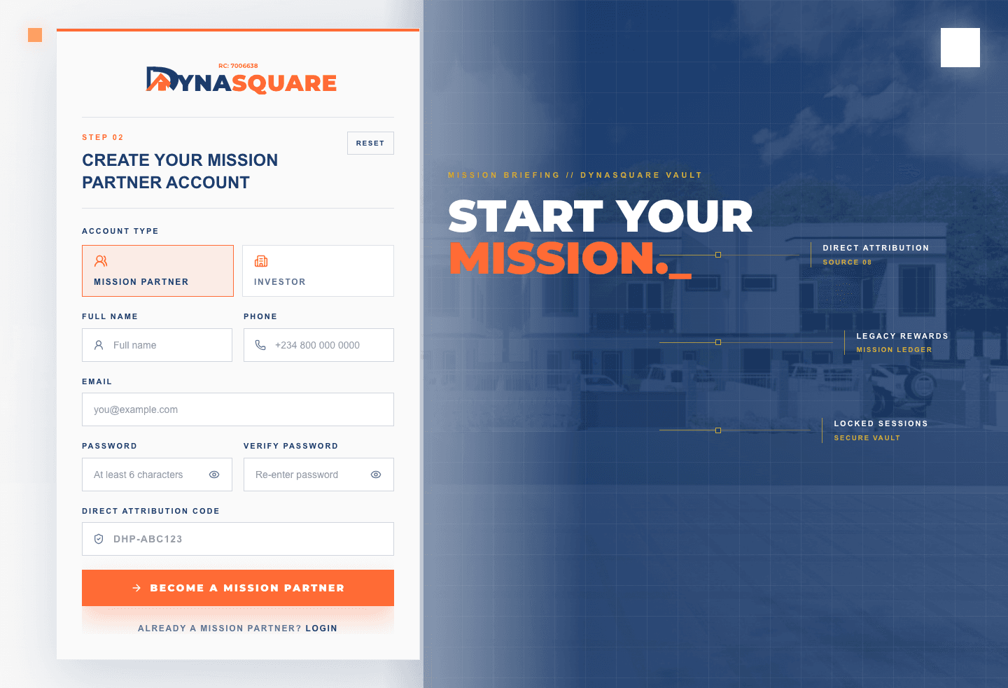 Live Dynasquare Mission Partner registration form on desktop