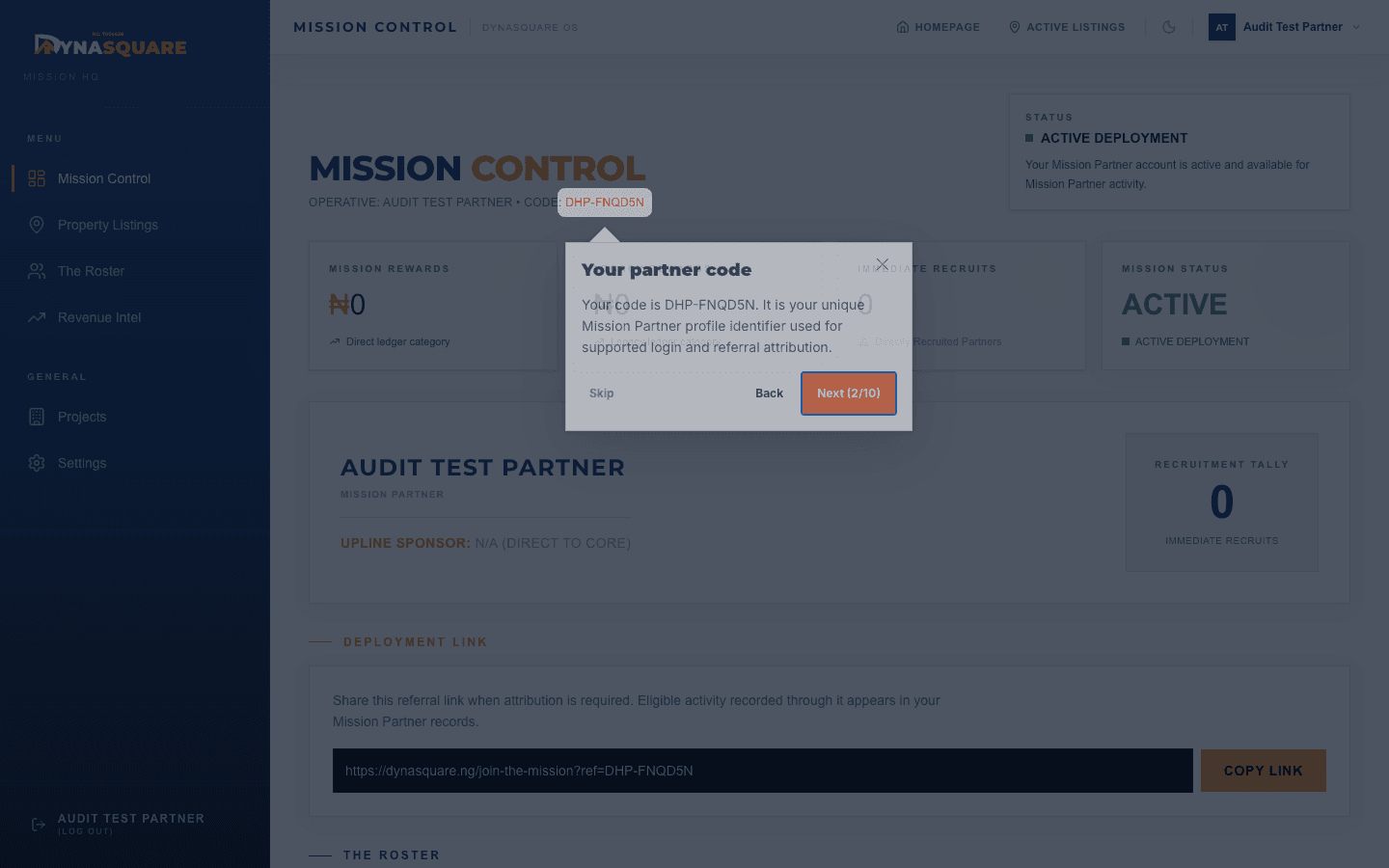 Live guided-tour step explaining the DHP Partner Code