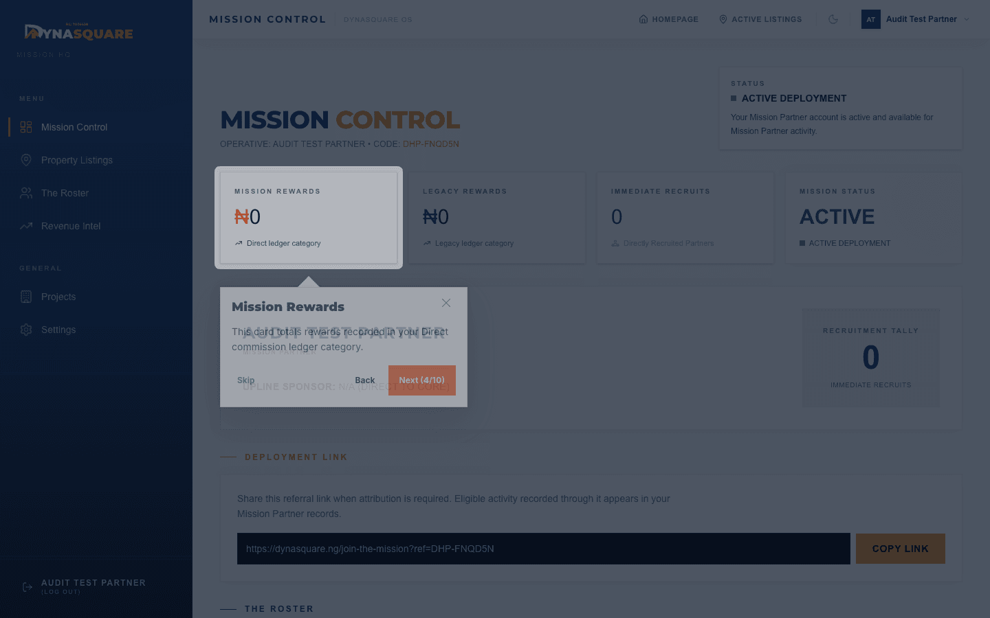 Live guided-tour step explaining Mission and Legacy Rewards