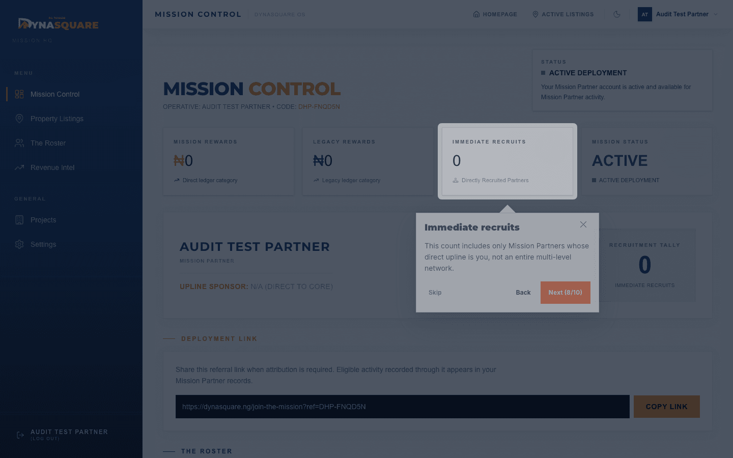 Live guided-tour step explaining the immediate-recruit network summary