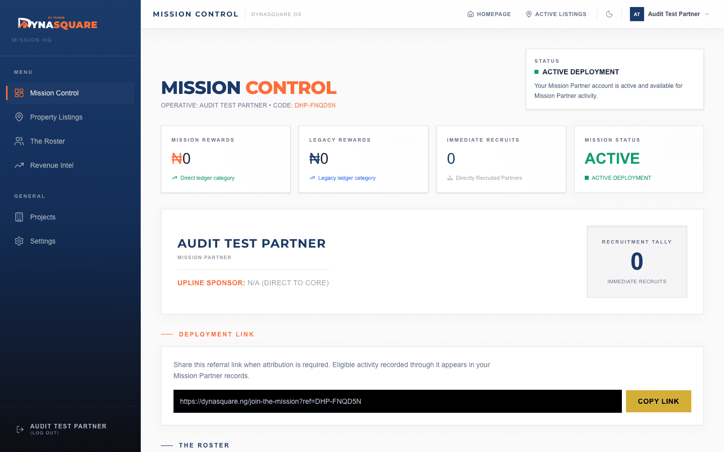 Live Mission Control dashboard for the approved synthetic Audit Test Partner